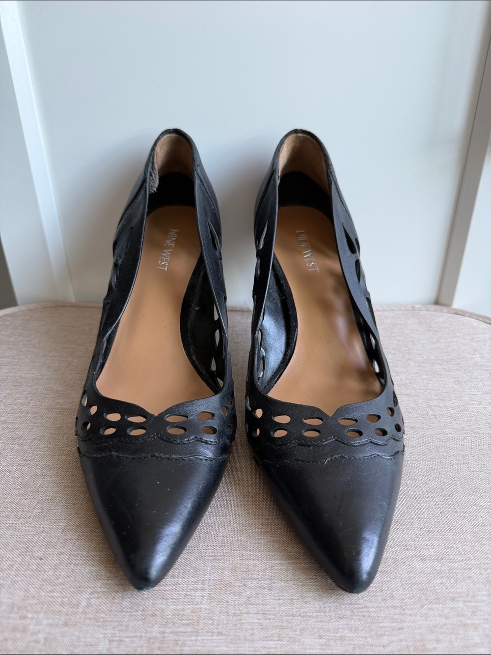Nine West Black Laser-Cut Pointed Toe Pumps with Scalloped Edge
